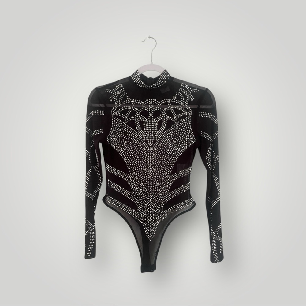 Spirit Sheer Black Ornate Bodysuit with Embellished Silver Studding